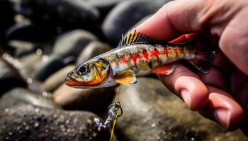 Hand halten Fang von Koi Karpfen unter Wasser generiert durch ai foto