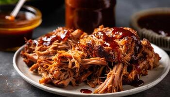 gegrillt Schweinefleisch mit Bohnenkraut Soße, bereit zu Essen generiert durch ai foto