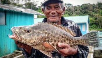 Senior Mann halten frisch Fang von Fisch generiert durch ai foto