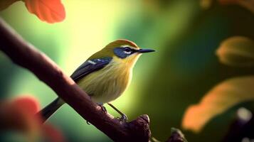 Trällerer sich niederlassen auf ein Zweig, hell klar Licht verwischen Hintergrund von Grün Natur. generativ ai foto