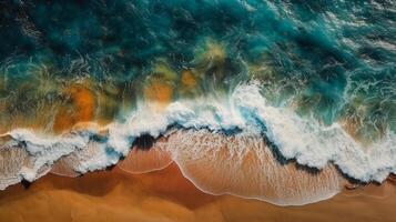 oben Aussicht Antenne Bild von Drohne von ein atemberaubend schön Meer Landschaft Strand mit Türkis Wasser. schön Sand Strand mit Türkis Wasser. ai generiert foto