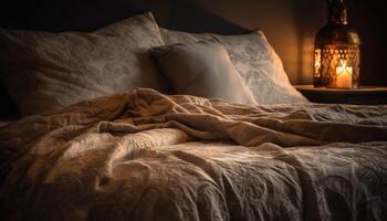 gemütlich modern Schlafzimmer mit elegant Bettwäsche Dekor generiert durch ai foto