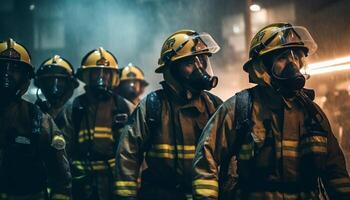Helden im schützend Arbeitskleidung Kampf gefährlich Flammen draußen generiert durch ai foto
