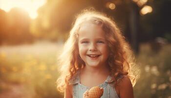 lächelnd Mädchen hält Blume, genießen Natur Schönheit generiert durch ai foto