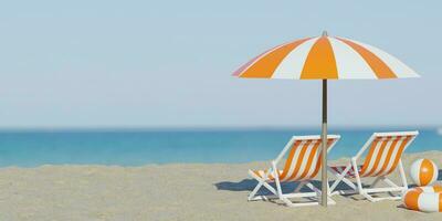 3d Wiedergabe. schön Strand. Stühle auf das sandig Strand in der Nähe von das Meer. Sommer- Urlaub und Ferien Konzept zum Tourismus. inspirierend tropisch Landschaft. still Landschaft, entspannend Strand foto