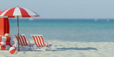 3d Wiedergabe. schön Strand. Stühle auf das sandig Strand in der Nähe von das Meer. Sommer- Urlaub und Ferien Konzept zum Tourismus. inspirierend tropisch Landschaft. still Landschaft, entspannend Strand foto