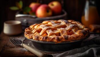 frisch gebacken Apfel Kuchen, ein Süss Genuss generiert durch ai foto