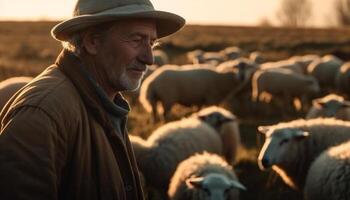 Senior Rancher lächelnd, suchen beim Herde Weiden lassen generiert durch ai foto