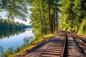 Lager Foto von entlang ein Eisenbahn auf ein Sommer- Nachmittag generativ ai