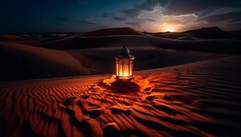 sonnendurchflutet Sand Düne leuchtet im still Dämmerung generiert durch ai foto