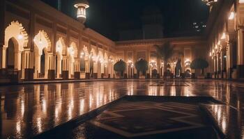 Reflexionen von beleuchtet die Architektur im modern Arabien generiert durch ai foto