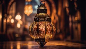 Ramadan Feier beleuchtet durch Laternen und elektrisch Lampe generiert durch ai foto