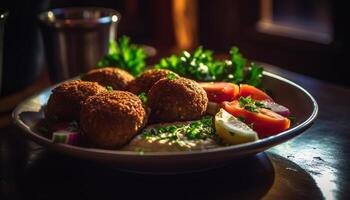 organisch Fleischklößchen und Falafel auf rustikal Teller generiert durch ai foto