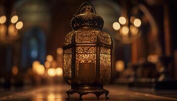 Ramadan Laterne leuchtet uralt Arabisch die Architektur beim Nacht generiert durch ai foto