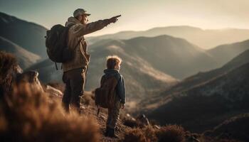 Männer Wandern Berg Spitzen, Abenteuer Verfolgung zusammen generiert durch ai foto