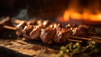 Gourmet gegrillt Fleisch Spieße Über flammend Kohlen generiert durch ai foto