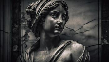 Traurigkeit und Trauer auf alt Statue Gesicht generiert durch ai foto