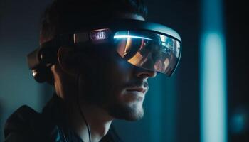 virtuell Wirklichkeit Innovation jung Mann mit Headset generiert durch ai foto