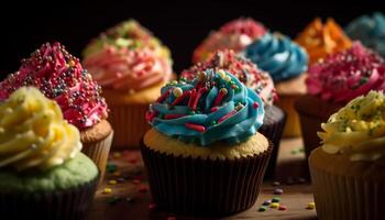 mehrfarbig Cupcakes mit aufwendig Erdbeere Dekorationen generiert durch ai foto