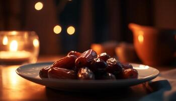 Süss Obst Schüssel leuchtet im Kerzenlicht Nacht generiert durch ai foto