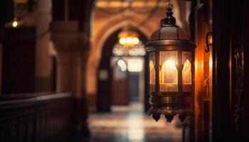 beleuchtet Laternen glühen mit aufwendig Arabisch Dekoration generiert durch ai foto