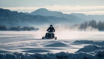 Männer Fahrt aus Straße Fahrzeug durch schneebedeckt Berge generiert durch ai foto