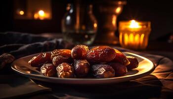 frisch Obst Schüssel auf hölzern Tabelle beim Nacht generiert durch ai foto