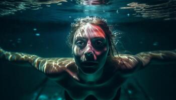 einer Frau Tauchen in tief unter Wasser Abenteuer generiert durch ai foto