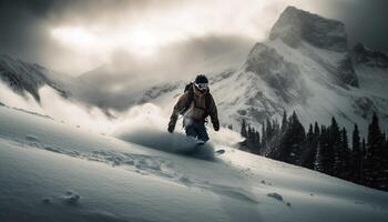 einer Person Snowboarden Nieder ein Berg Steigung generiert durch ai foto