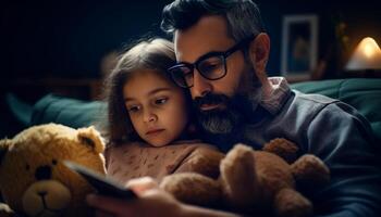 Vater und Sohn umarmen, Verbindung Über Teddy Bär generiert durch ai foto