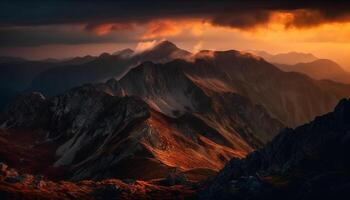 majestätisch Berg Bereich, still Sonnenuntergang Silhouette generiert durch ai foto