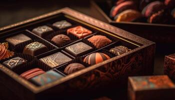 nachsichtig Geschenk Box von dunkel Schokolade Trüffel generiert durch ai foto