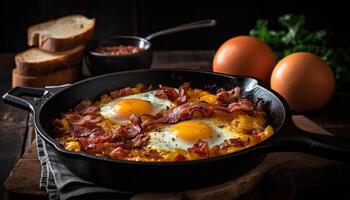 gebraten Ei und Speck auf rustikal Brot generiert durch ai foto