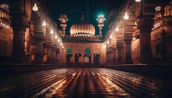 beleuchtet Minarette Licht das dunkel arabisch Nacht generiert durch ai foto