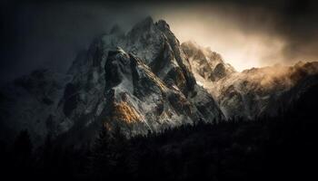 majestätisch Berg Gipfel steigt an durch still Wildnis Bereich generiert durch ai foto