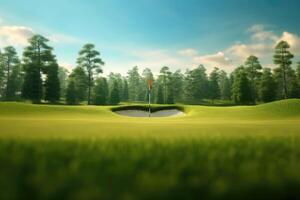 Lager Foto von Golf Kurs mit Golf Löcher Golf Stangen generativ ai