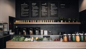 frisch organisch Zutaten Linie modern Küche Regal generiert durch ai foto