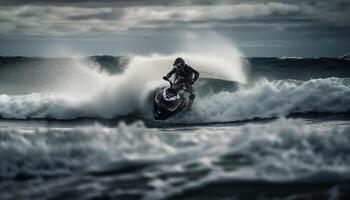 Männer Reiten das Wellen, ein spannend Abenteuer generiert durch ai foto