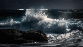 brechen Wellen sprühen, abstürzen auf felsig Küste generiert durch ai foto