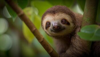 Ring beschattet Lemur Sitzung auf Zweig, starren generiert durch ai foto