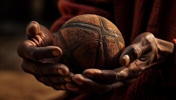 Single afrikanisch Hand hält Ball, Zielen Korb generiert durch ai foto