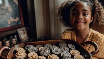 lockig behaart Mädchen genießt hausgemacht Kekse drinnen generiert durch ai foto