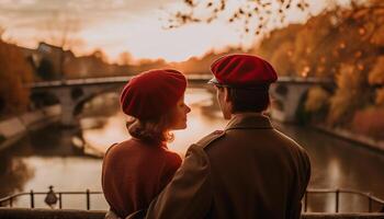 jung Paar umarmt im warm Herbst Sonnenuntergang generiert durch ai foto