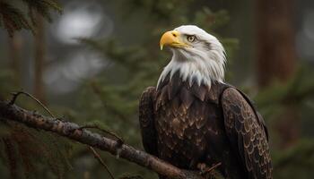 majestätisch kahl Adler sich niederlassen auf Baum Ast generiert durch ai foto