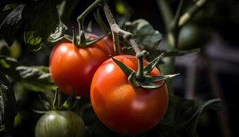 frisch organisch Tomate auf nass Grün Blatt generiert durch ai foto