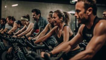 Männer und Frauen im Fitnessstudio Radfahren zusammen glücklich generiert durch ai foto