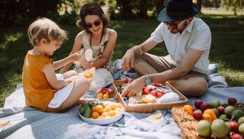 glücklich Familie Picknick bringt zusammen Sommer- lächelt generiert durch ai foto