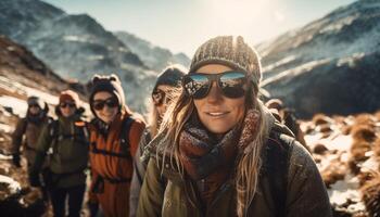 ein Gruppe von heiter Wanderer erkunden Natur generiert durch ai foto