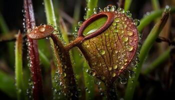 frisch Grün Blatt mit Tau fallen scheint hell generiert durch ai foto