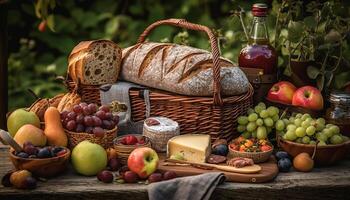 ein rustikal Picknick Natur Gourmet Fülle generiert durch ai foto